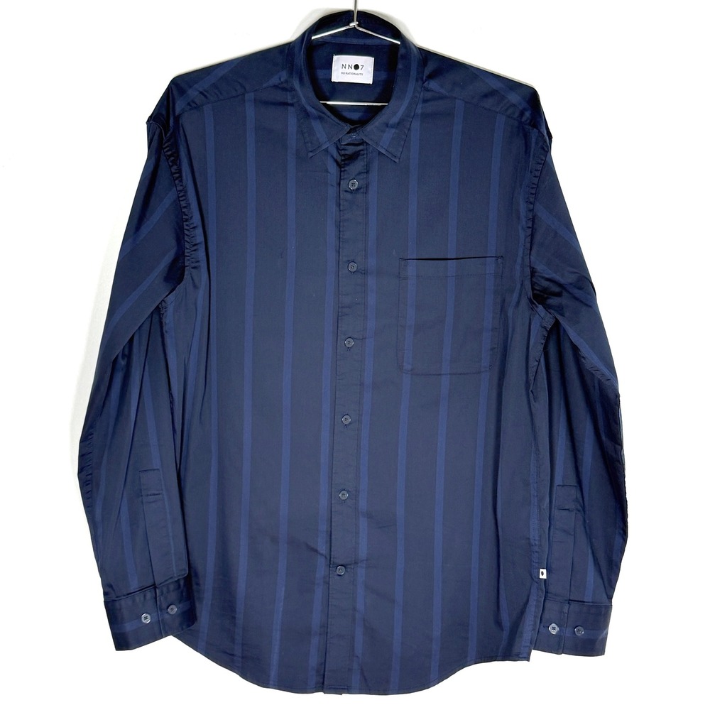 NN07 No Nationality Medium Deon Shirt 5215 Navy Blue Vertical Stripe Button Down
